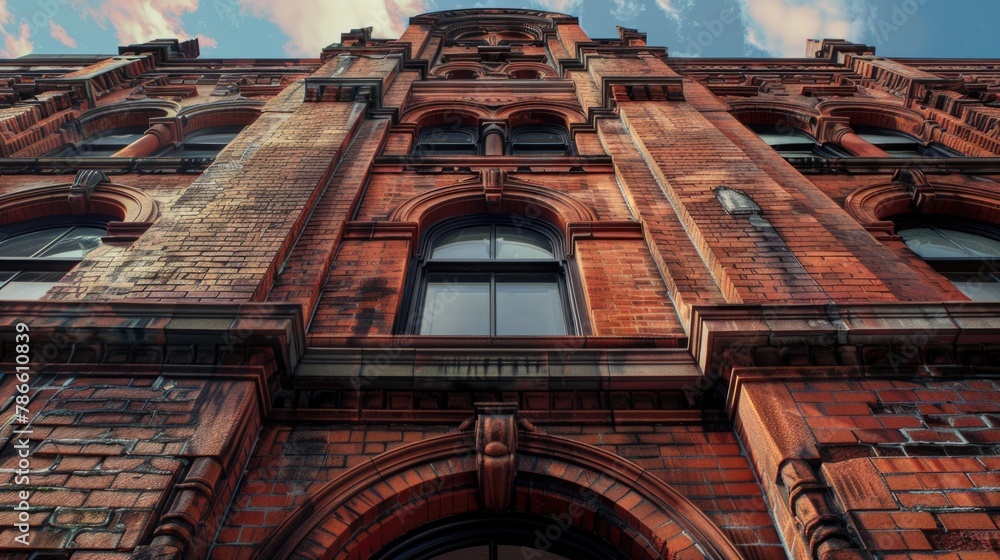 Poster A tall brick building with a clock on top. Suitable for urban architecture concepts
