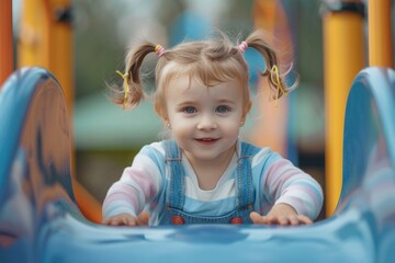 Fototapeta premium A young girl sitting in a colorful playground slide. Perfect for illustrating childhood and playtime