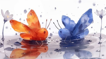  A few butterflies hover above separate puddles of water - obrazy, fototapety, plakaty