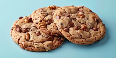 Two delicious chocolate chip cookies on a blue background. Perfect for food blogs or baking recipes