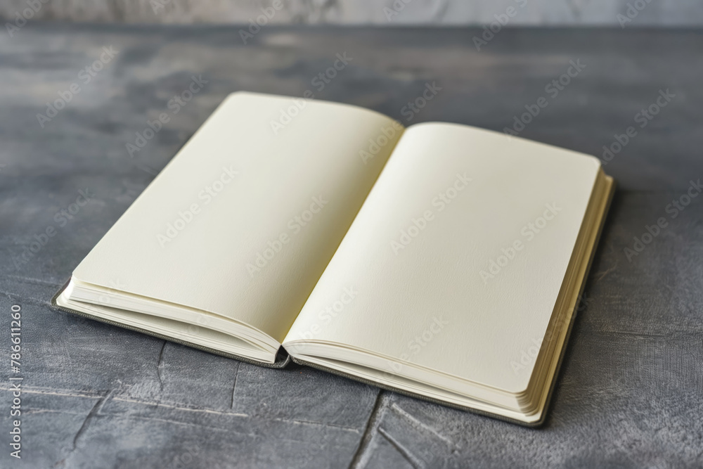 Aufkleber open plain notebook with blank pages lays on a gray, textured surface, exemplifying simplicity and s