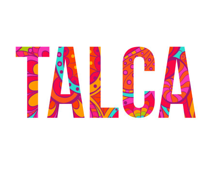 Talca creative city name design filled with colorful doodle pattern