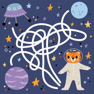 Space maze game for kids. Cute tiger looking for a way to the planet and ufo. Animal in galaxy. Printable worksheet. Vector cartoon illustration in Scandinavian style.
