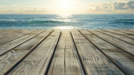 A serene wooden deck overlooking the ocean at sunset. Ideal for travel and relaxation concepts