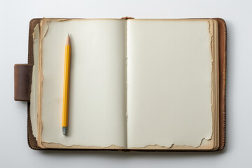 Flat lay of an open blank sketchbook and a yellow pencil, ideal for design mockups