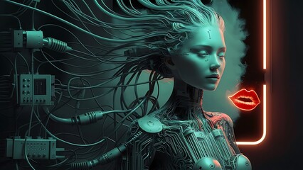 cyber woman with a computer,  artificial intelligence, AI girl, wire 