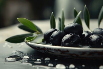 Fresh black olives in a bowl, perfect for food and Mediterranean cuisine concepts