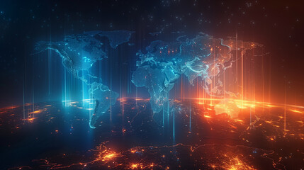 Low Relief Transparent Global Map with Vertical and Straight Light Blue and Orange Beams of Light