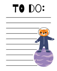 To do list template. Organizer and Schedule with place for Notes. Good for Kids. Vector illustration in space design for planner.