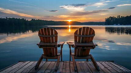 Two wooden chairs on a wood pier overlooking a lake at sunset