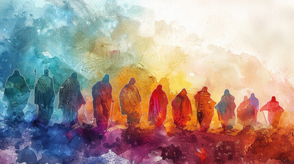 The Twelve Chosen depicts Jesus' disciples, central figures in Christian belief, often portrayed in serene watercolor illustrations, capturing their spiritual journey. - obrazy, fototapety, plakaty