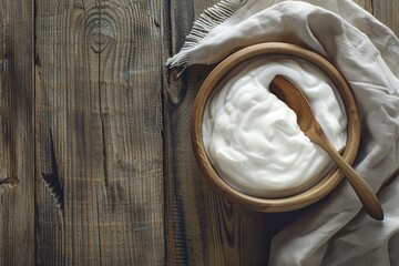 Bowl with white yogurt on wooden table
