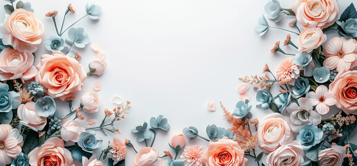 Retro Boho Style Image with Peach and Baby Blue Flowers on a White Background No Shadows