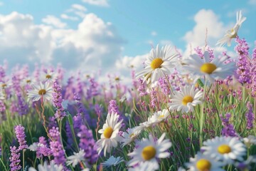 Fototapeta premium Field of white and purple flowers under a clear blue sky. Ideal for nature and outdoor themed designs