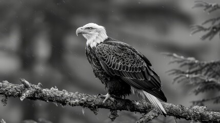 Fototapeta premium A bald eagle, black-and-white depicted, perches on a rain-soaked tree branch amidst pine trees in the background