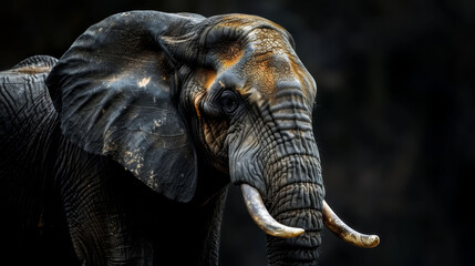   A close-up of an elephant's face with its tusks curved