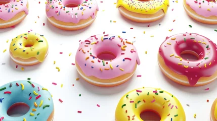 Foto op Aluminium A group of colorful doughnuts with sprinkles on a white background. Ideal for food and bakery concepts © Fotograf