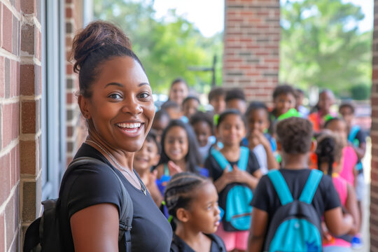 A smiling teacher happily welcomes a line of diverse students on their first day of school