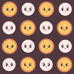 Seamless pattern with Moon and Sun. Trendy groovy cartoon characters. Vector illustration in flat style