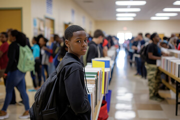 Focused student waits in line among his peers to receive textbooks at school