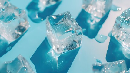 A group of ice cubes on a blue surface, perfect for summer-themed designs