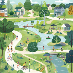 Cartoon Illustration of a Lively Neighborhood Park, A Snapshot of Community Life