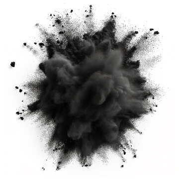 Black chalk pieces and powder flying, explosion effect isolated on white, clipping path