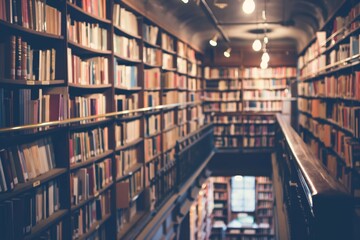 Obraz premium Warmly lit library interior with rows of books, evoking peace and knowledge
