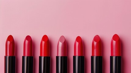 Various shades of red and pink lipstick on a pink background, spring and summer makeup trends, cosmetic beauty and personal care