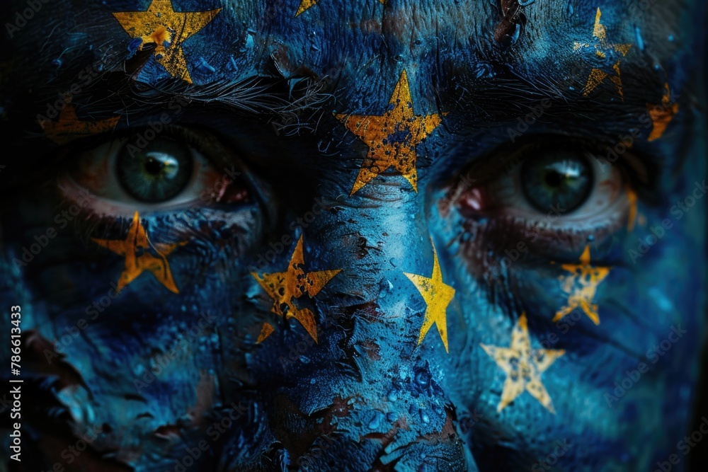 Poster close up of a person with a painted face, suitable for artistic and creative projects