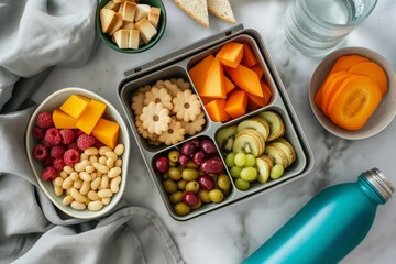 Overhead view of a healthy lunchbox with nutritious snacks, fruits, nuts, and cheese, captured in a balanced diet meal prep food photography