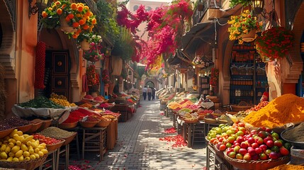 Journey to the heart of a bustling marketplace, where colorful stalls overflow with exotic spices,...