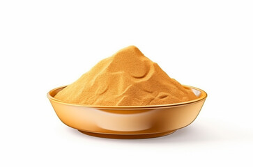 Golden plate with sand or gold powder isolated on white. AI generated.