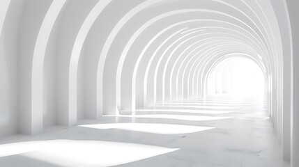 white bent corridor with round arches bright light and shadows concept for interior design and...