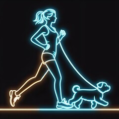 Neon silhouette of a woman running with a dog