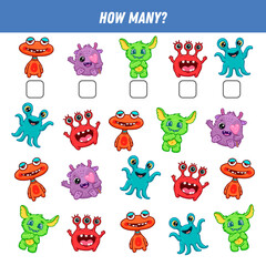 How many cartoon monsters are there. Count the number of monsters. Math worksheet for kids. 