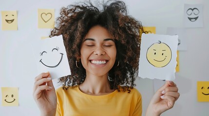 Emotional intelligence concept. Black skin female holding happy and angry emoji. Feedback rating, balance emotion control.