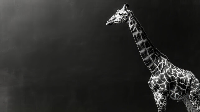   A monochrome image of a giraffe