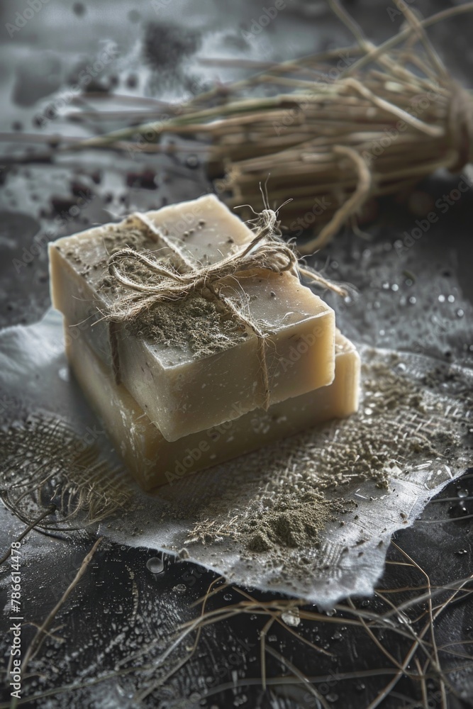Poster simple image of bars of soap on a table, suitable for hygiene or cleanliness concepts