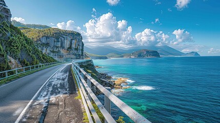 A beautiful, sunny day on the sea cliff highway - obrazy, fototapety, plakaty