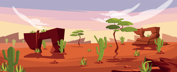 Vector illustration of desert landscape. Cartoon scene of incredible sunny desert landscape with boulders, rock formations, green trees with trunks, cacti, bushes, pastel sky with white clouds.