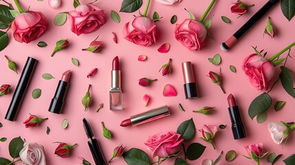 Make up natural cosmetics flat lay lipstick and nail polish eye shadows and blush brushes pencils and rose buds against pink color background