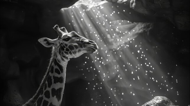   A black-and-white image of a giraffe's head and neck before a waterfall