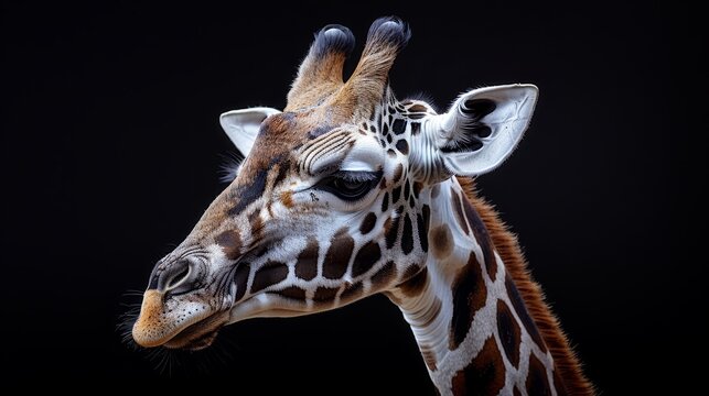   A giraffe's face in close-up against a black backdrop, head slightly turned to the side ..Or, for even more succinctness