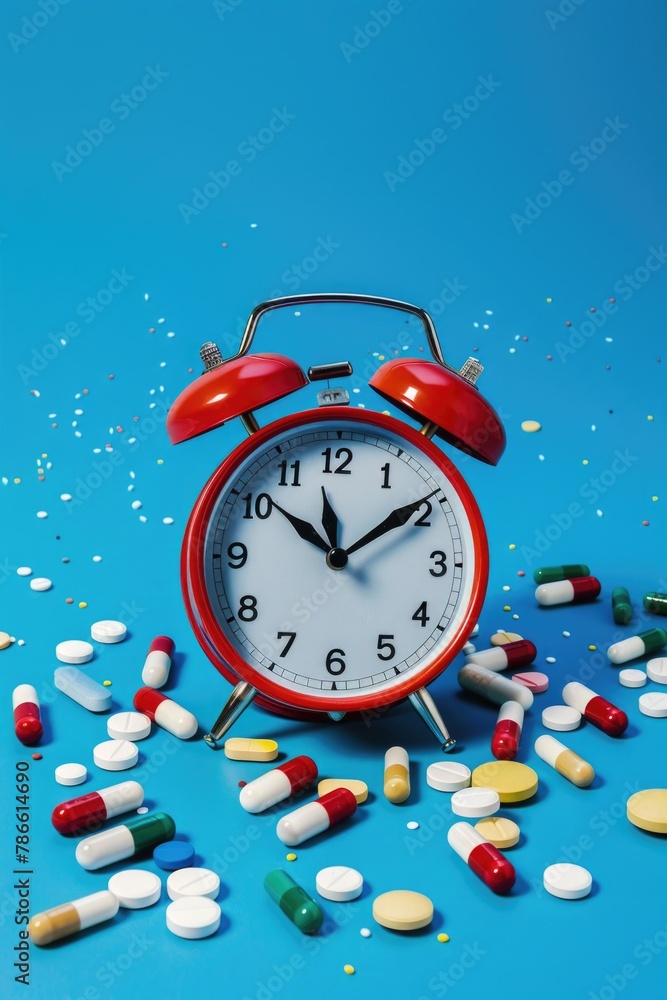 Aufkleber a red alarm clock surrounded by pills on a blue surface. perfect for illustrating the concept of tim