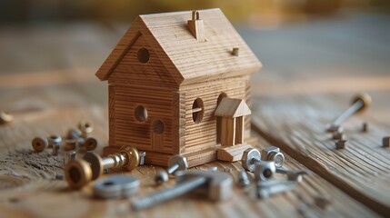 Obraz na płótnie Canvas Miniature wooden house and a set of small scale hand tool replicas and fasteners isolated on a wooden background