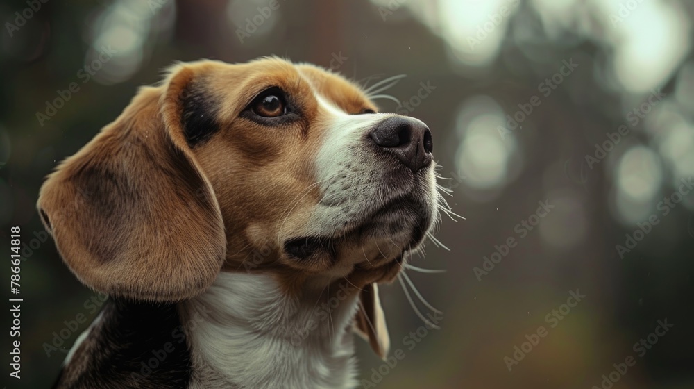 Poster Close up of a dog's face with trees in the background. Suitable for pet and nature themes