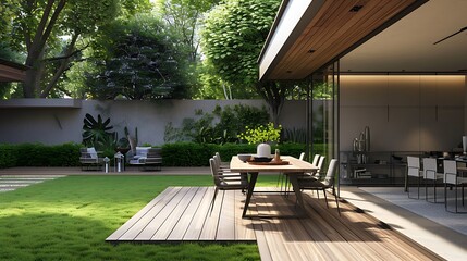 Modern dining room attached to outside with a garden including a green lawn and vase the dining table set up on the wooden floor