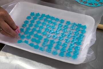 person is making blue flowers with a pastry brush decoration cooking handmade
