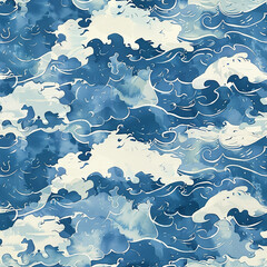 watercolor seamless pattern with sea waves. blue sea print
